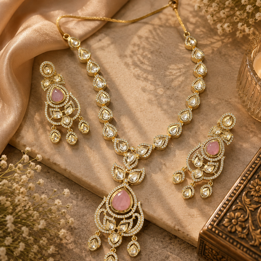 Kundan Polki Teardrop Lattice Chandelier Necklace Set | K Gold & Mehendi Gold