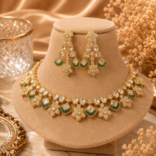 Kundan Polki Floral Cluster Double Layer Necklace and Earring Set | K Gold