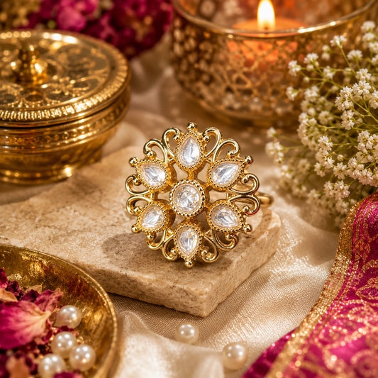 CZ Kundan Polki Filigree Scroll Floral Cocktail Ring - White | K Gold