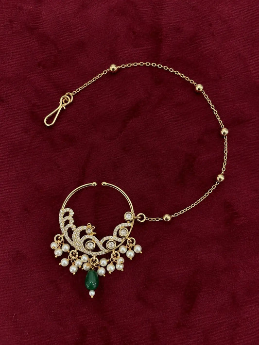 Kundan Polki Scroll Leaf Nath - Baby Pink