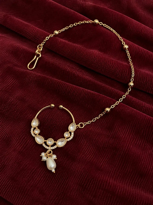 Kundan Polki Teardrop Arc Nath - White | K Gold