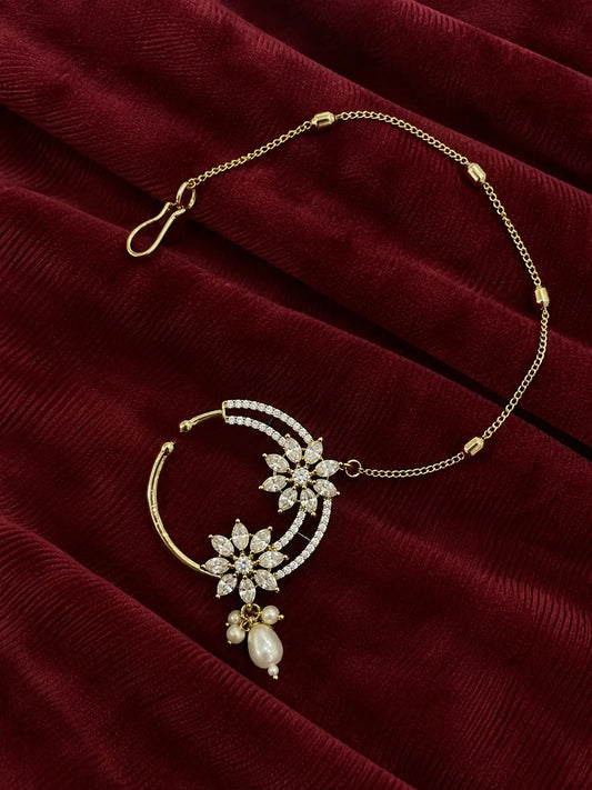 AD Marquise Dual Flower Nath - White | Mehendi Gold