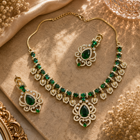 CZ Teardrop Scrollwork Medallion Necklace Set | K Gold & Mehendi Gold