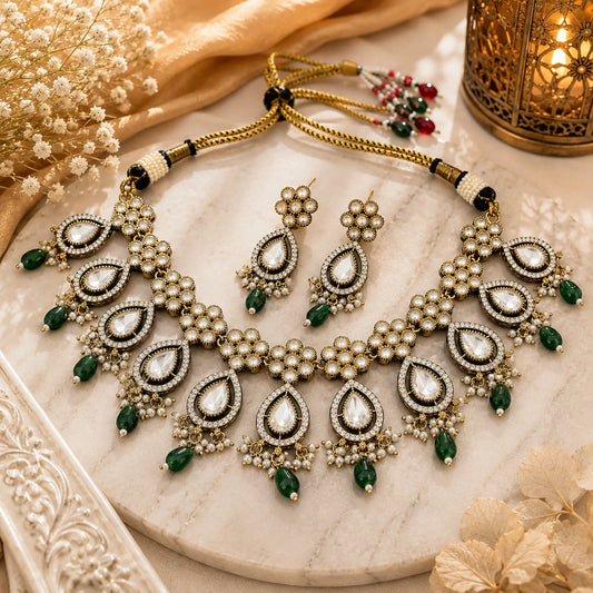 Kundan Polki Teardrop Floral Drop Necklace Set - Emerald Green | Antique Gold