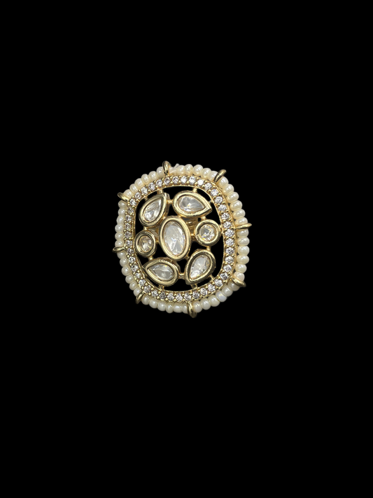 Kundan Polki Pearl Border Oval Cocktail Ring - White | K Gold