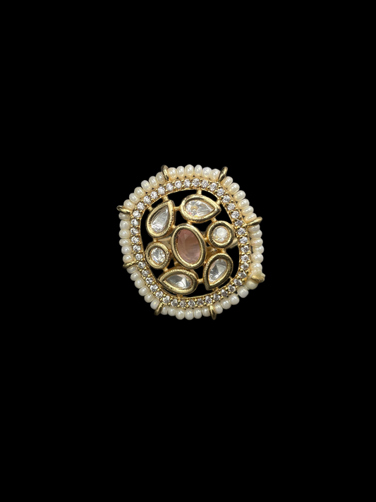 Kundan Polki Pearl Border Oval Cocktail Ring - Baby Pink | K Gold