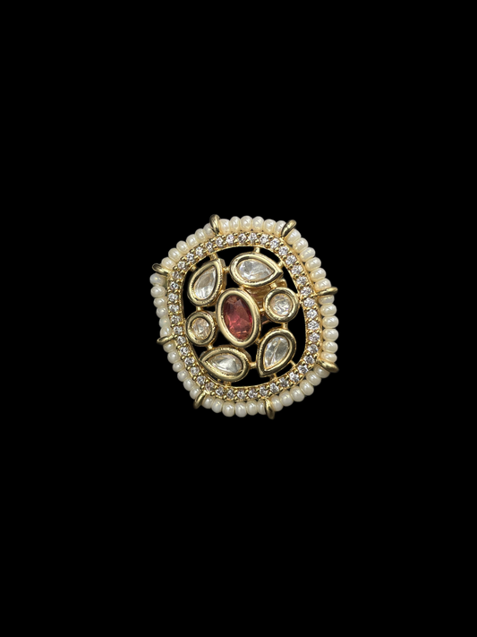 Kundan Polki Pearl Border Oval Cocktail Ring - Ruby Red | K Gold