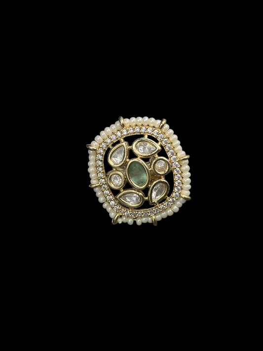 Kundan Polki Pearl Border Oval Cocktail Ring - Mint Green | K Gold