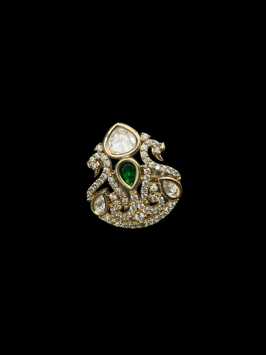 Kundan Polki Shield Crown Cocktail Ring - Emerald Green | K Gold