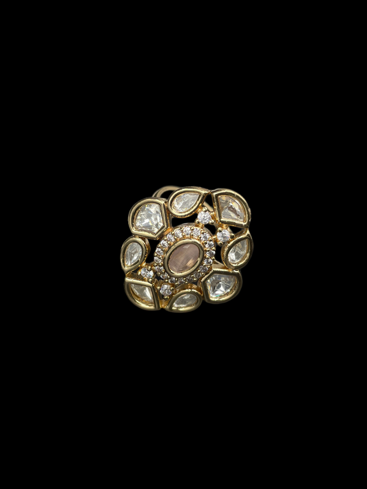 Kundan Polki Floral Cluster Cocktail Ring - Baby Pink | K Gold