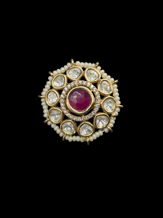 Kundan Polki Pearl Border Oval Cluster Cocktail Ring - Ruby Red | K Gold