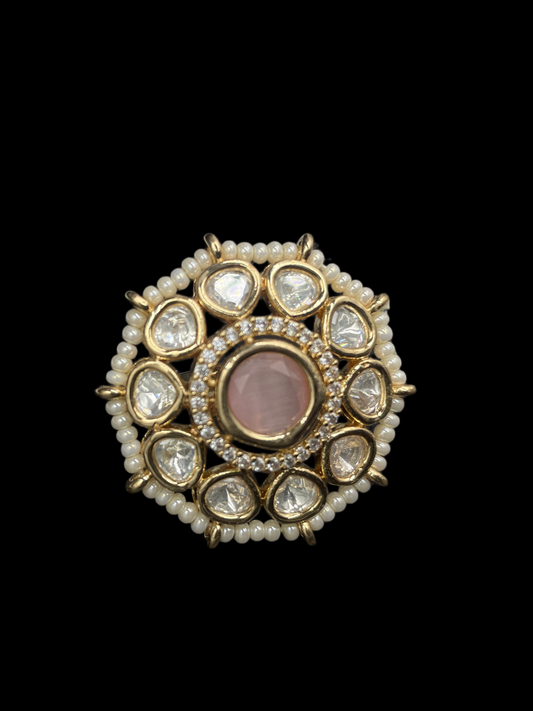 Kundan Polki Pearl Border Oval Cluster Cocktail Ring - Baby Pink | K Gold