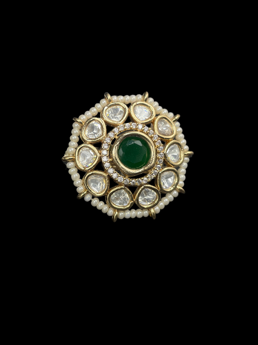 Kundan Polki Pearl Border Oval Cluster Cocktail Ring - Emerald Green | K Gold