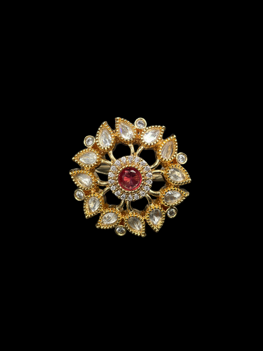 Kundan Polki Sunburst Statement Ring - Ruby Red | K Gold