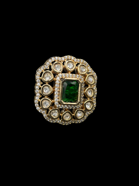 Kundan Polki Double Halo Cushion Statement Ring - Emerald Green | K Gold