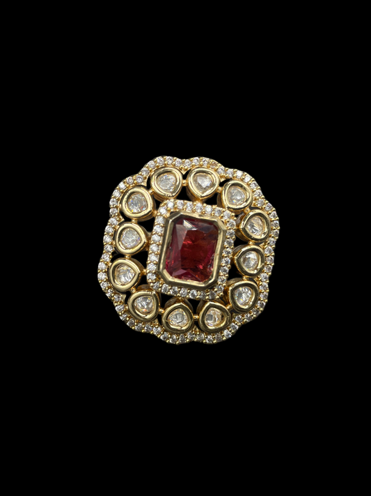 Kundan Polki Double Halo Cushion Statement Ring - Ruby Red | K Gold