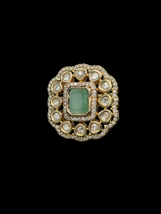 Kundan Polki Double Halo Cushion Statement Ring - Mint Green | K Gold