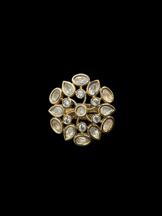 Kundan Polki Organic Cluster Cocktail Ring - White | K Gold