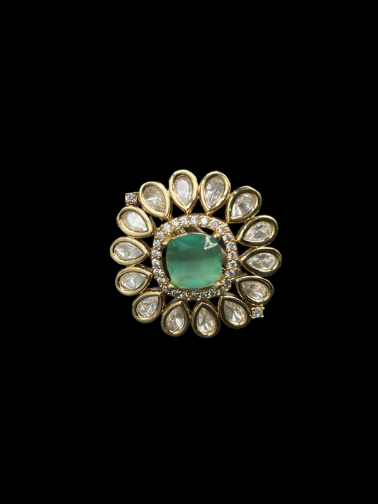 Kundan Foil Polki Teardrop Sunburst Cocktail Ring - Mint Green | K Gold
