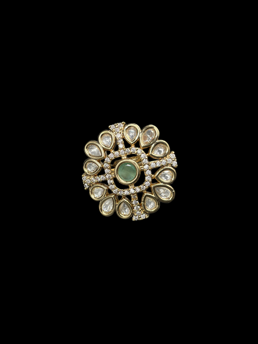 Kundan Polki Teardrop Bloom Cocktail Ring - Mint Green | K Gold