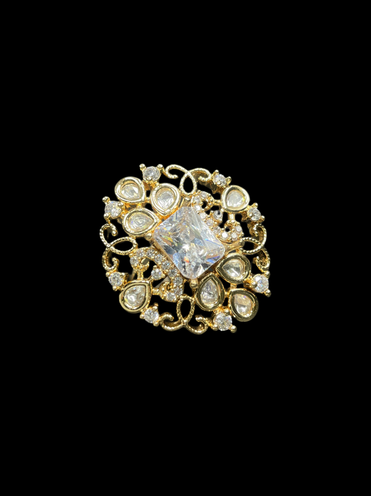 Kundan Polki Teardrop Filigree Scroll Cocktail Ring - White | K Gold - Front View