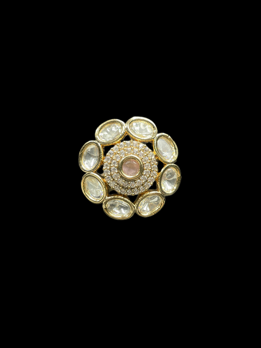 Kundan Polki Oval Petal Halo Cocktail Ring - Baby Pink | K Gold - top view