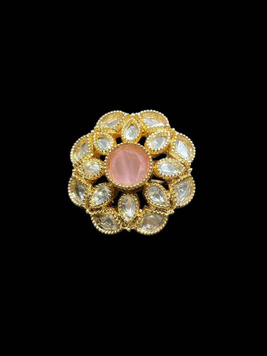 Kundan Polki Milgrain Bloom Cocktail Ring - Baby Pink | K Gold - top view