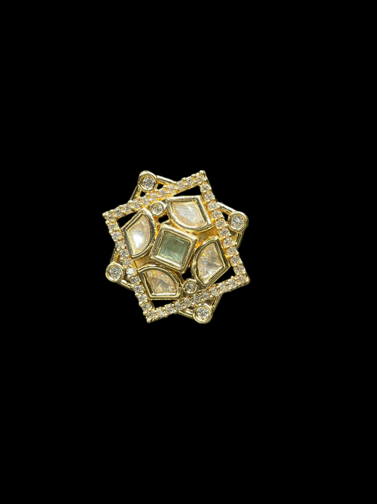 Kundan Polki AD Star Frame Geometric Cocktail Ring - Mint Green | K Gold - top view