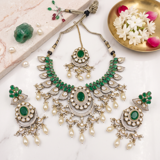 Kundan Polki Chand Bali Leaf Tassel Necklace Earring Tikka Set