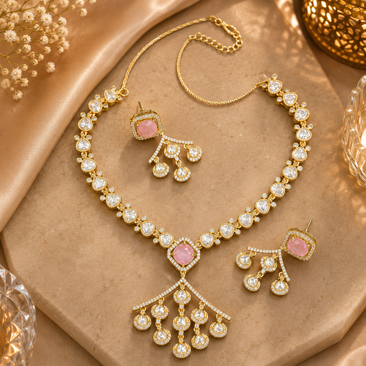 Kundan Polki Heart Chain Tassel Drop Necklace Set | K Gold & Mehendi Gold