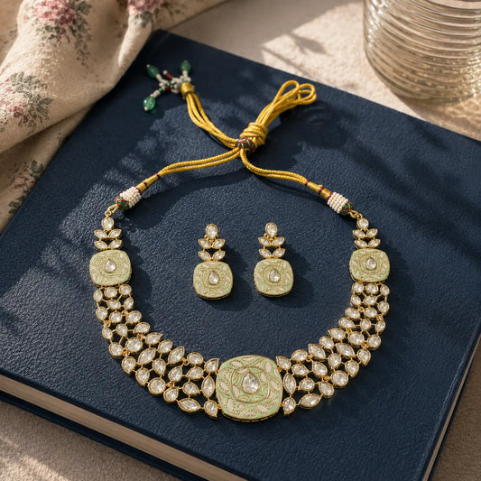 Meenakari Kundan Polki Cushion Lattice Necklace Set - Baby Pink | K Gold