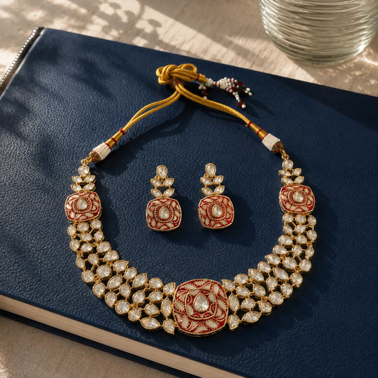 Meenakari Kundan Polki Cushion Lattice Necklace Set - White | K Gold