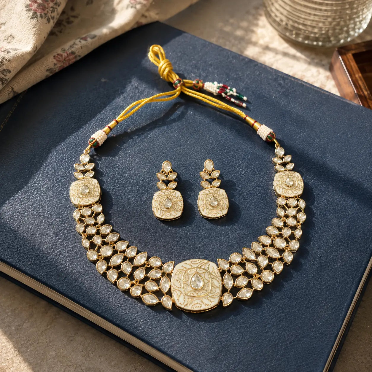 Meenakari Kundan Polki Cushion Lattice Necklace Set - Ruby Red | K Gold