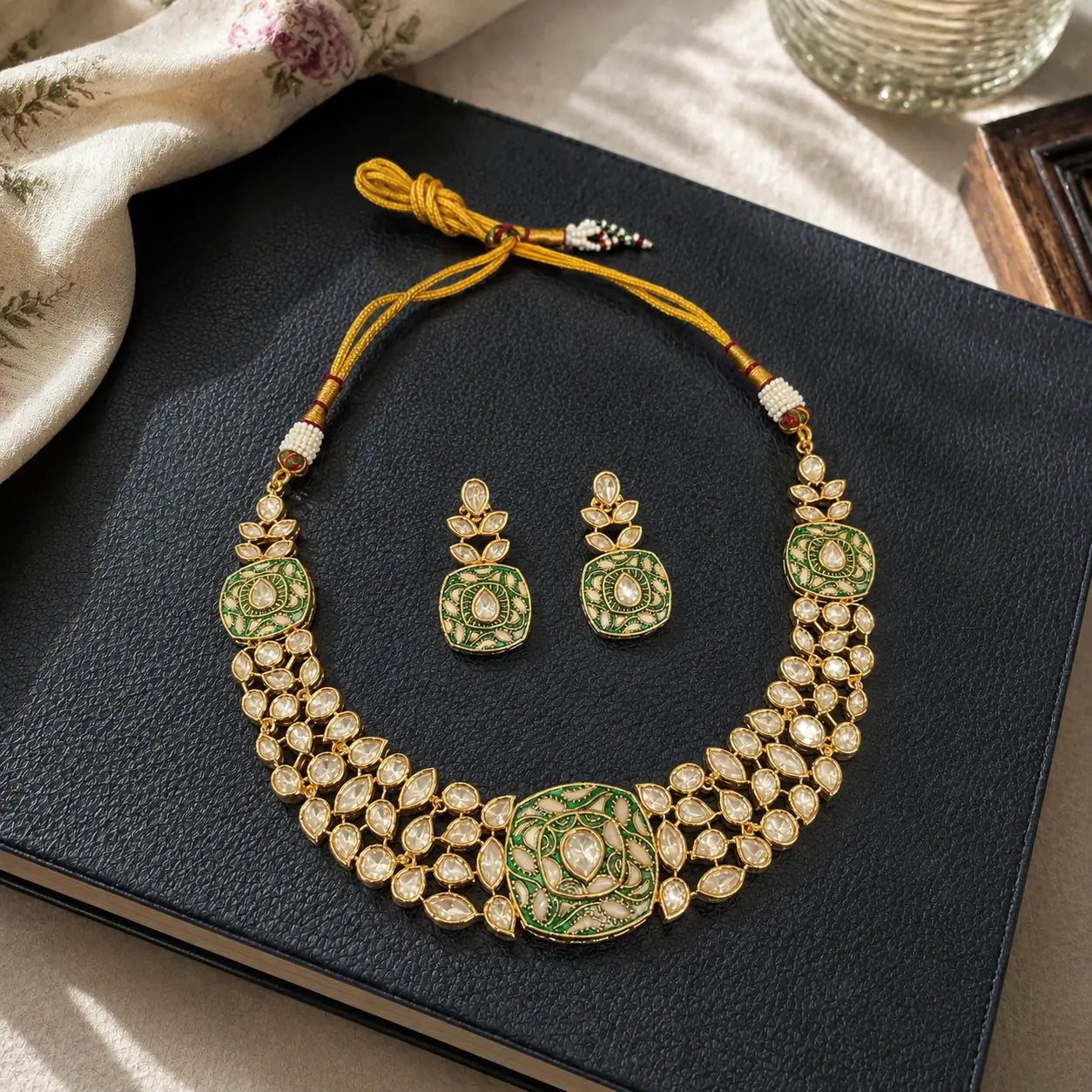 Meenakari Kundan Polki Cushion Lattice Necklace Set - Mint Green | K Gold