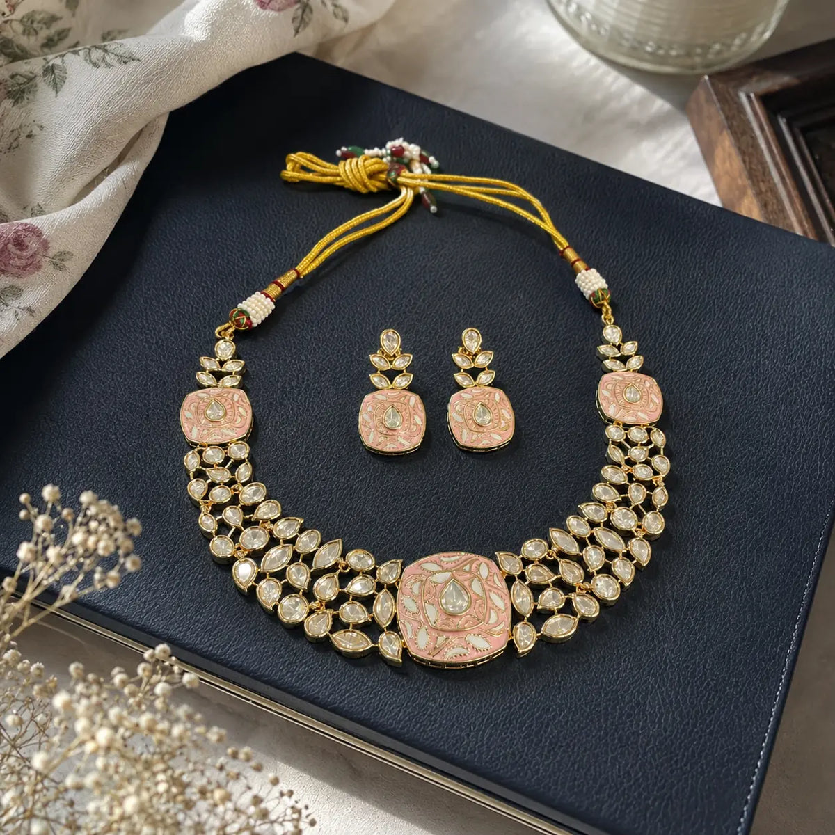Meenakari Kundan Polki Cushion Lattice Necklace Set - Emerald Green | K Gold