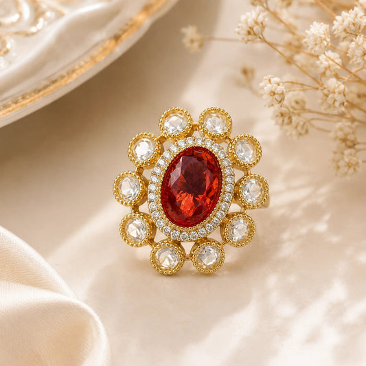 AD Oval Kundan Foil Polki Round Bloom Cocktail Ring - Ruby Red | K Gold