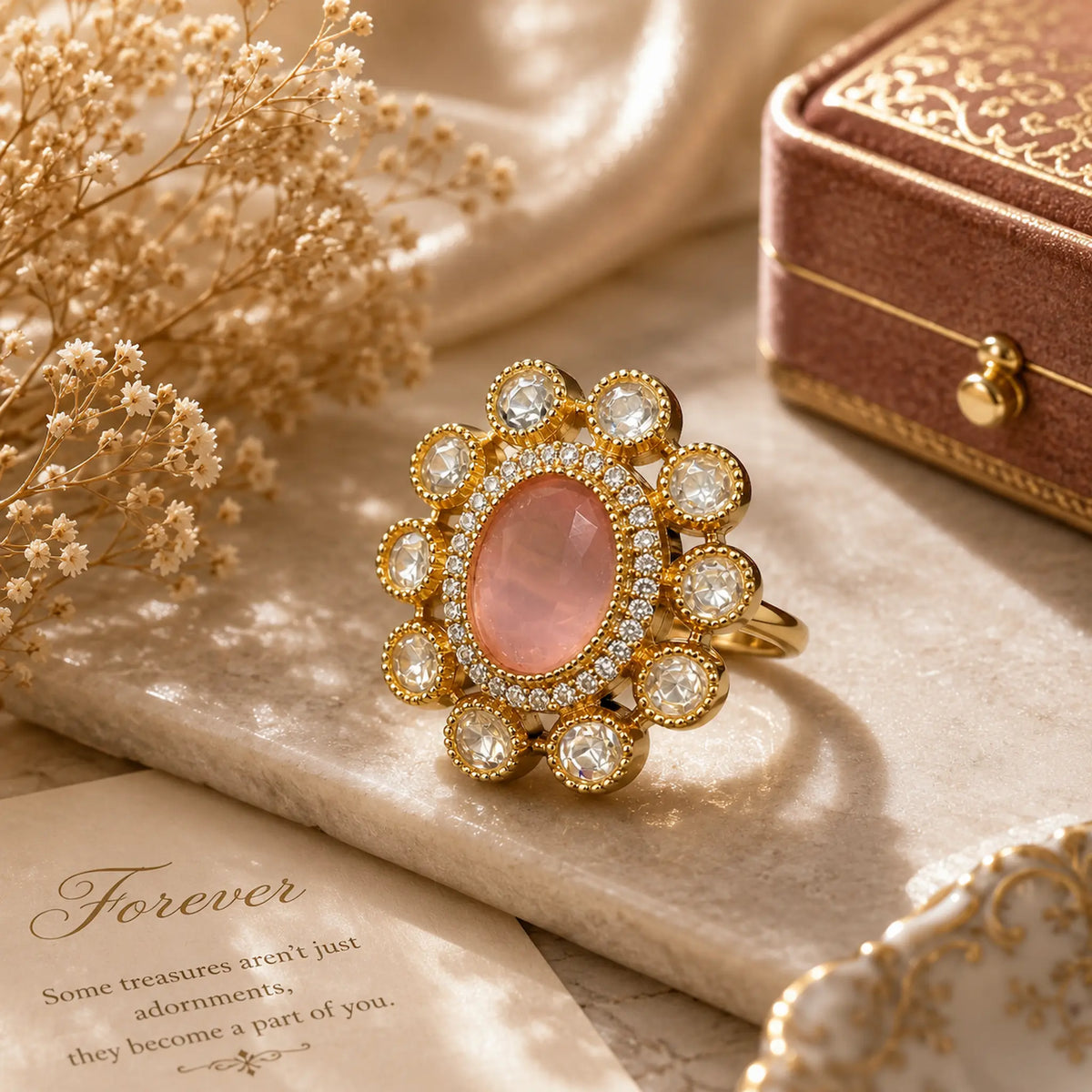 AD Oval Kundan Foil Polki Round Bloom Cocktail Ring - Baby Pink | K Gold