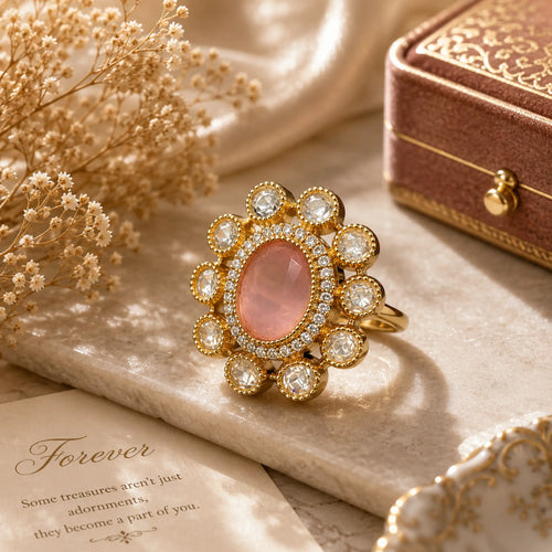 AD Oval Kundan Foil Polki Round Bloom Cocktail Ring - Baby Pink | K Gold
