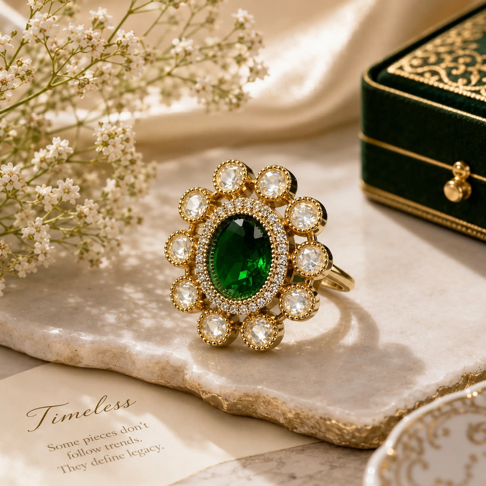 AD Oval Kundan Foil Polki Round Bloom Cocktail Ring - Emerald Green | K Gold