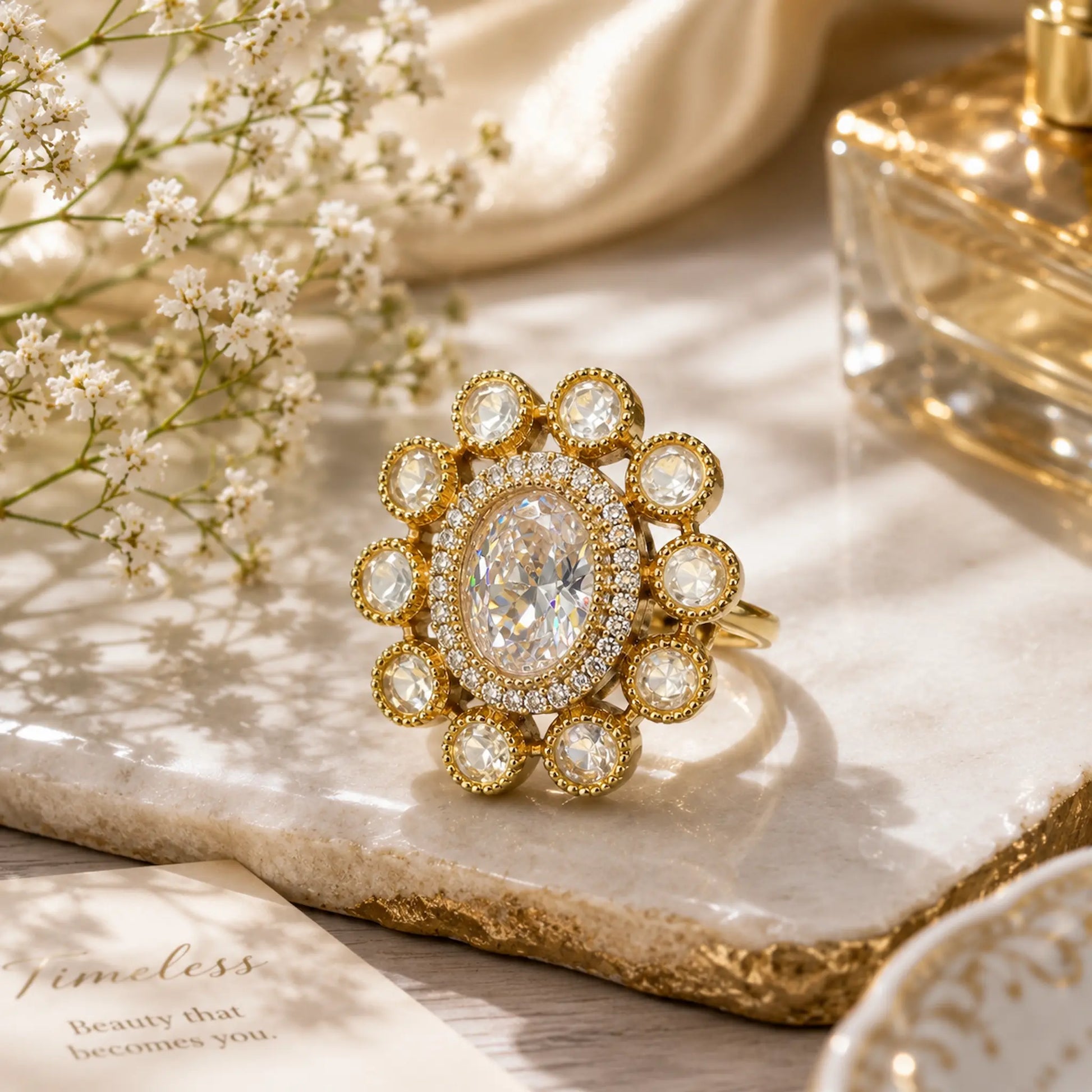 AD Oval Kundan Foil Polki Round Bloom Cocktail Ring - White | K Gold