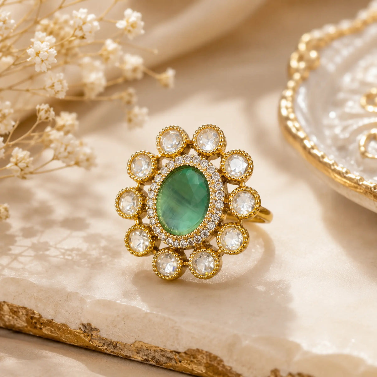AD Oval Kundan Foil Polki Round Bloom Cocktail Ring - Mint Green | K Gold