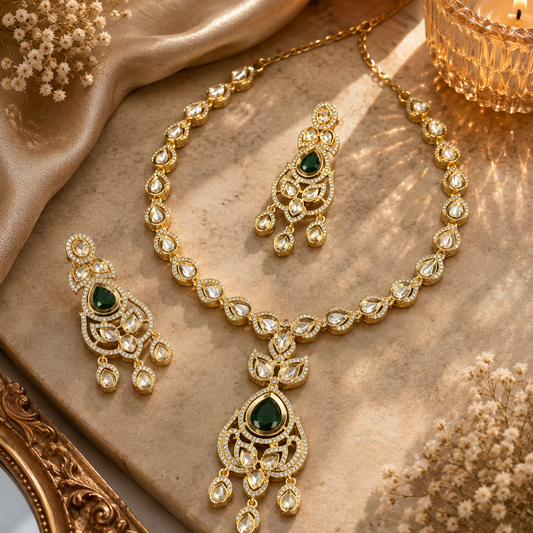 Kundan Polki Teardrop Lattice Chandelier Necklace Set | K Gold & Mehendi Gold