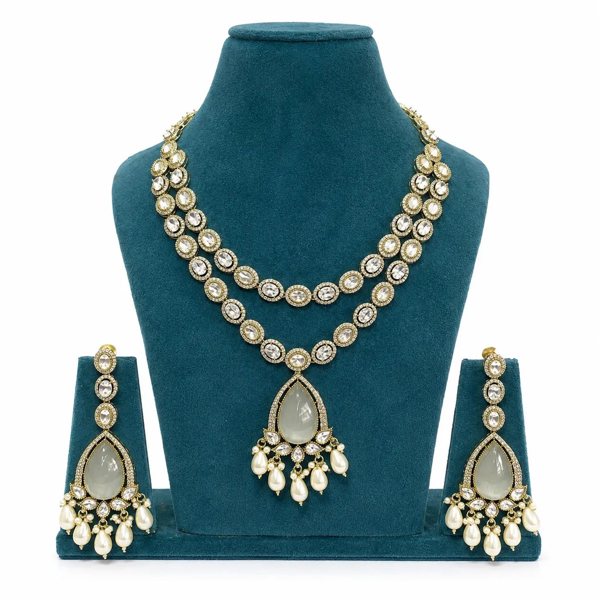 Kundan AD Oval Double Row Teardrop Pearl Drop Necklace Set - White | Mehendi Gold