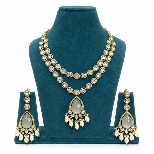 Kundan AD Oval Double Row Teardrop Pearl Drop Necklace Set - White | Mehendi Gold