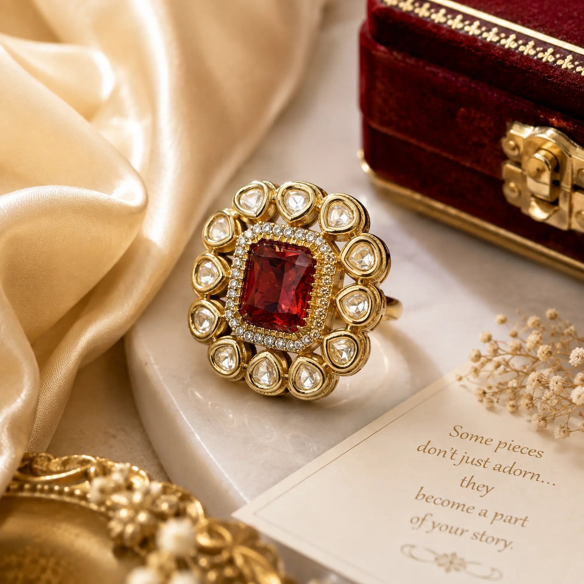 AD Cushion Kundan Foil Polki Modak Wreath Cocktail Ring - Ruby Red | K Gold