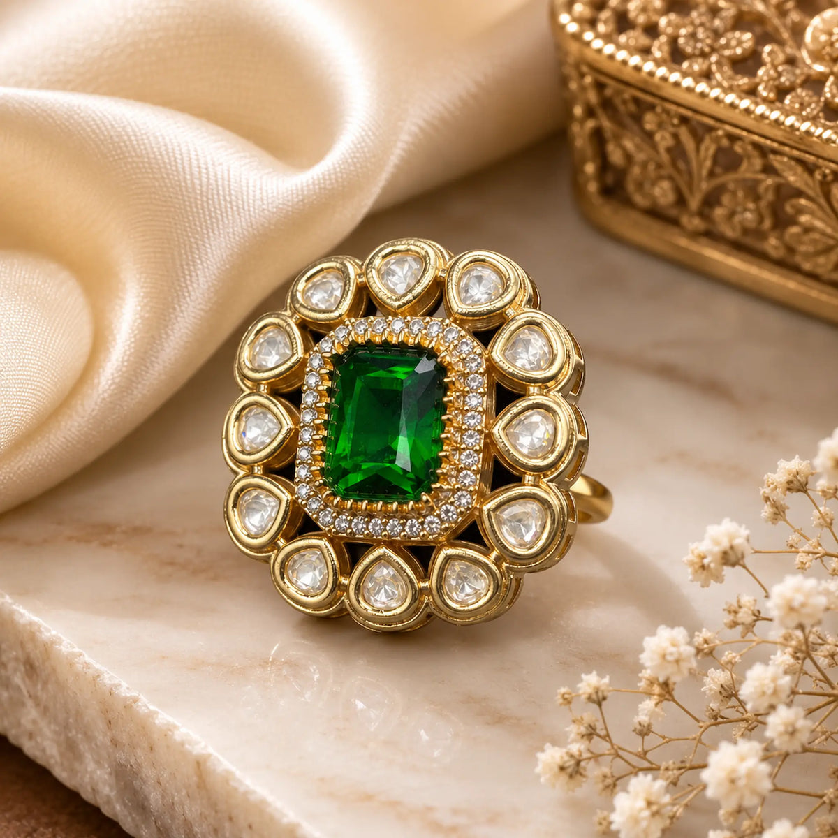 AD Cushion Kundan Foil Polki Modak Wreath Cocktail Ring - Emerald Green | K Gold