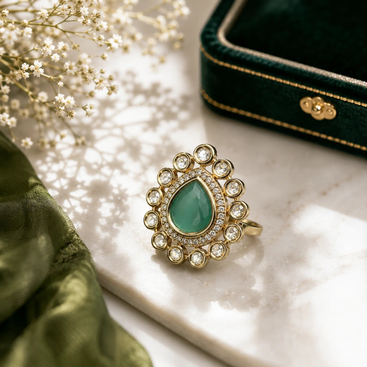 CZ Pear Kundan Foil Polki Round Halo Cocktail Ring - Mint Green | K Gold