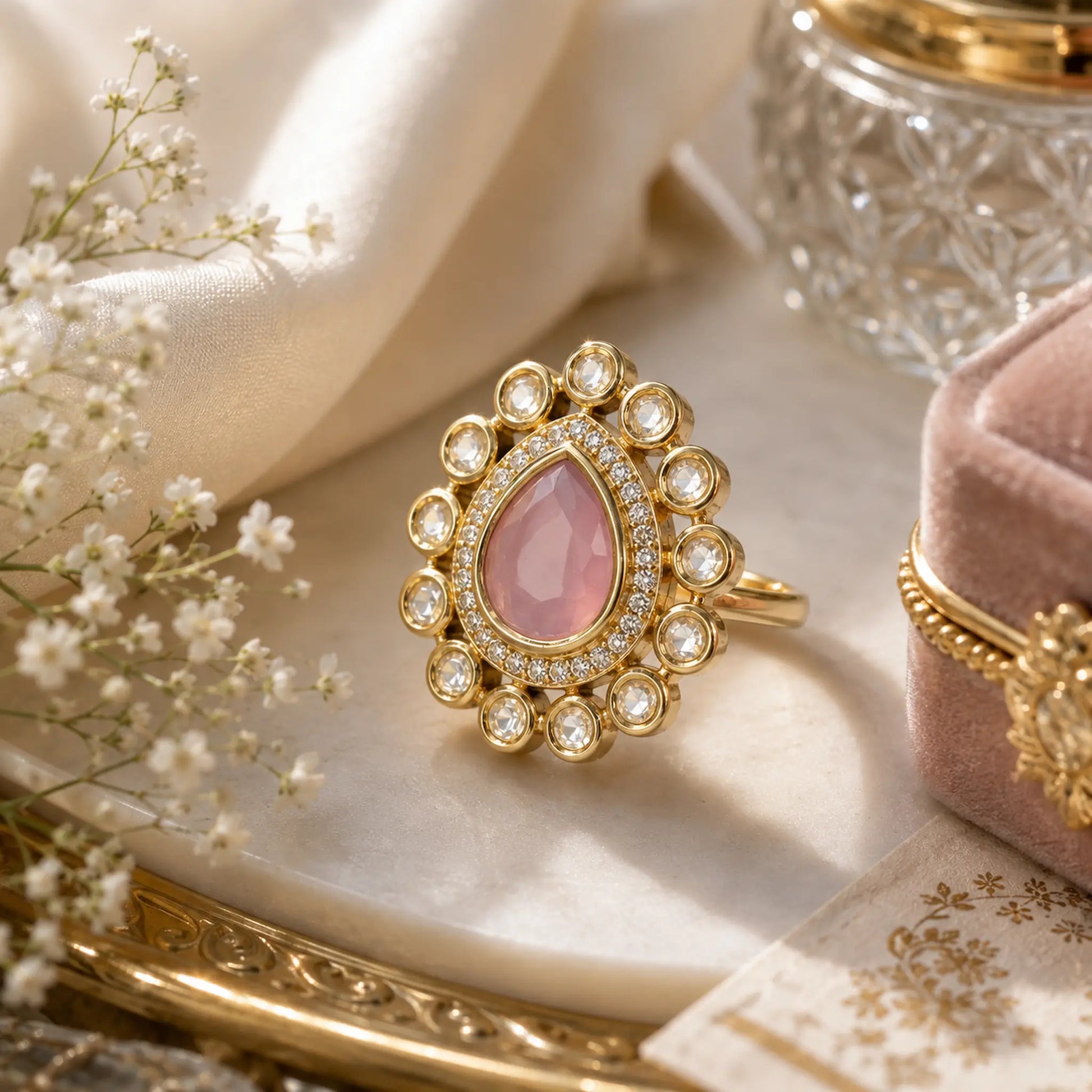 CZ Pear Kundan Foil Polki Round Halo Cocktail Ring - Baby Pink | K Gold