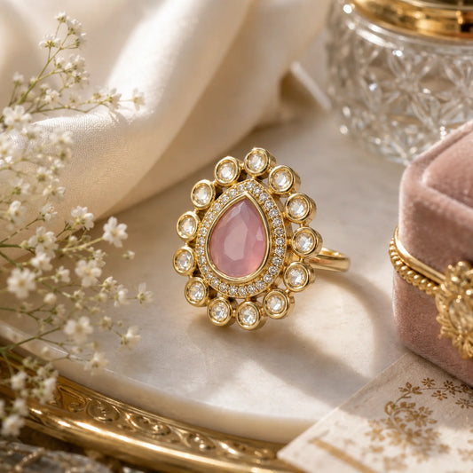 CZ Pear Kundan Foil Polki Round Halo Cocktail Ring - Baby Pink | K Gold