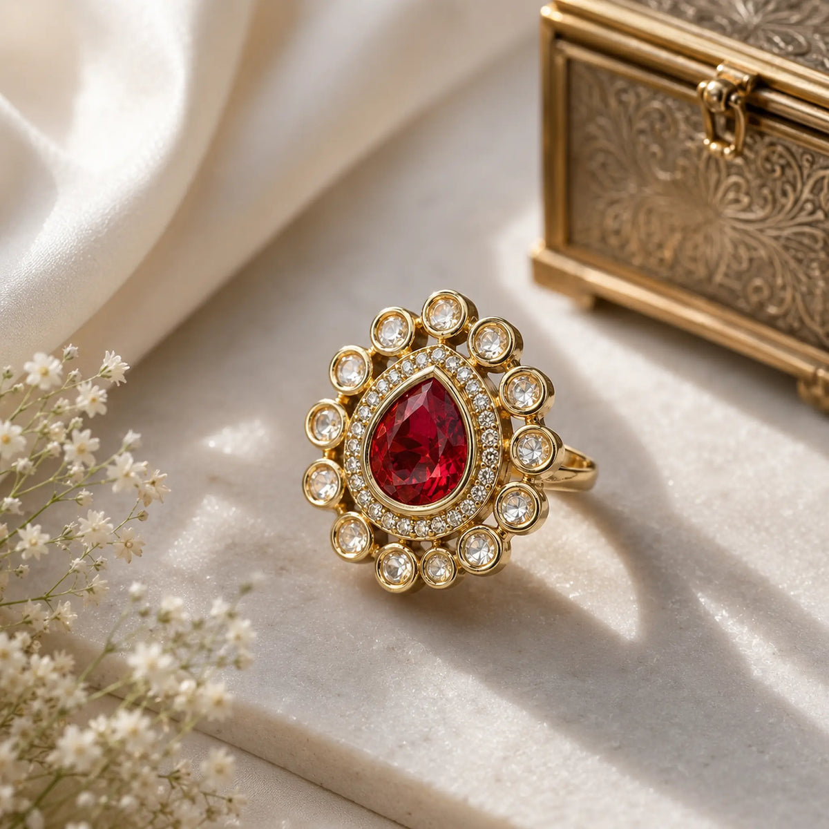 CZ Pear Kundan Foil Polki Round Halo Cocktail Ring - Ruby Red | K Gold